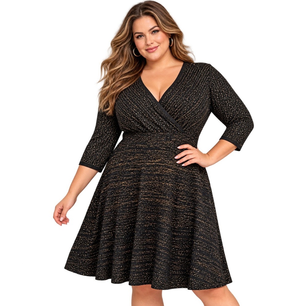 Lane Bryant 22/24 Black Gold Metallic Wrap Sweater Dress Crossover Holiday Party